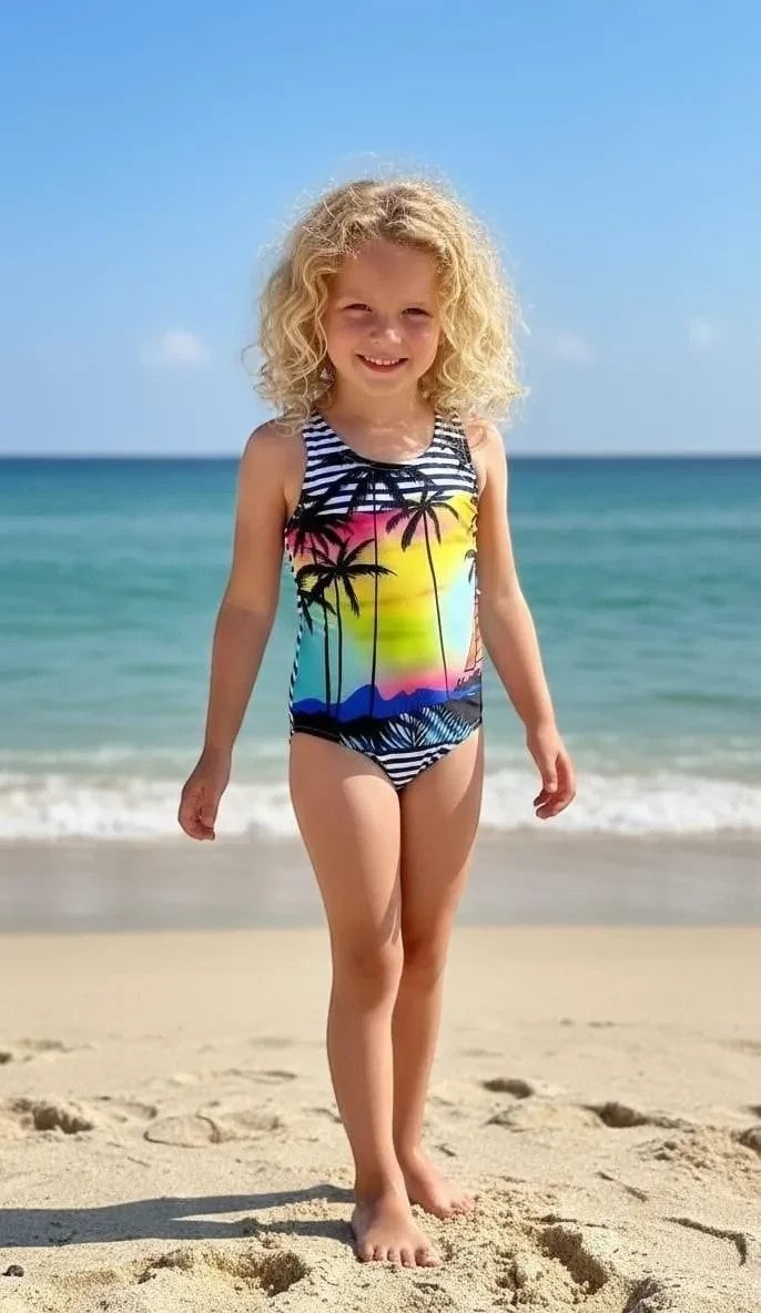 The Nile Luxuries girls' one-piece swimsuit with palm trees and a rainbow gradient. Black and white striped trim.