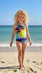 The Nile Luxuries girls' one-piece swimsuit with palm trees and a rainbow gradient. Black and white striped trim.