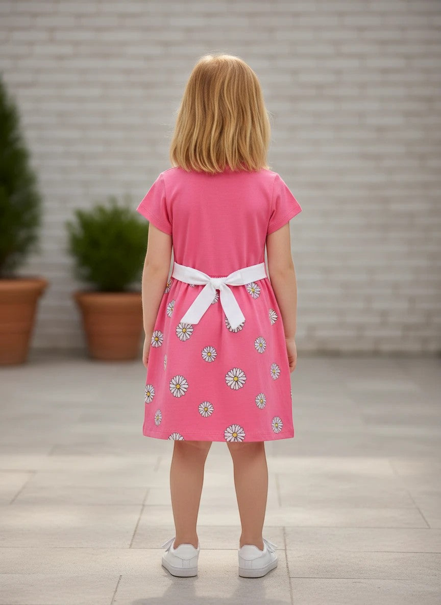 The Nile Luxuries pink girls' casual dress with daisy print and white waist bow, worn by a child with blonde hair.