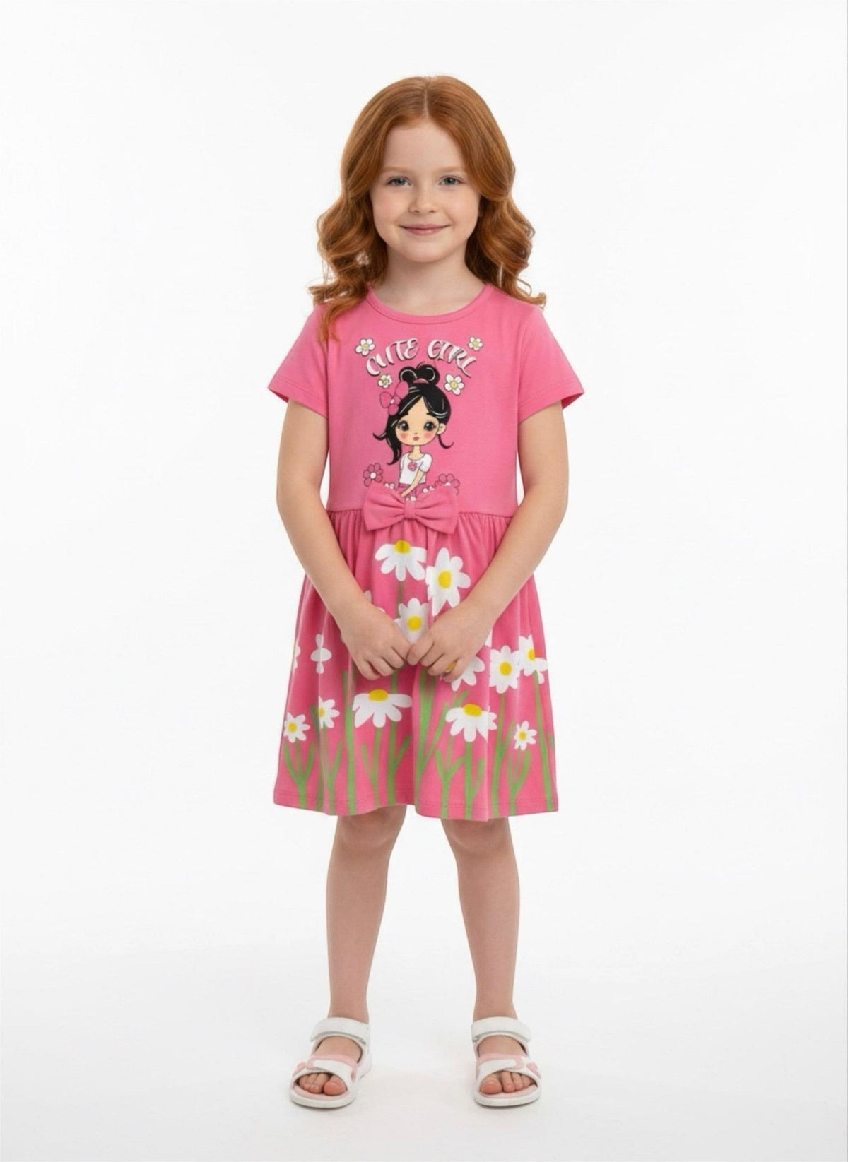 The Nile Luxuries pink girls' casual summer dress with daisy print, graphic bodice, and waist bow on a young model.