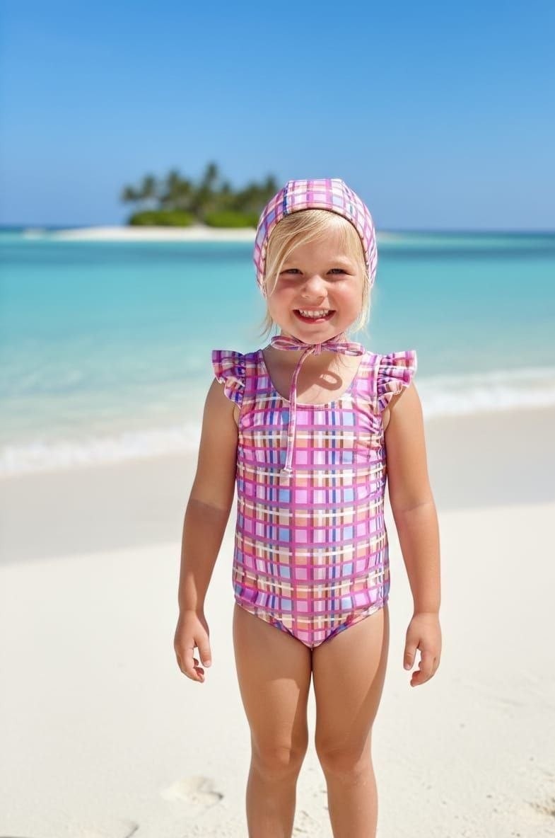 The Nile Luxuries girls' pink plaid swimsuit with ruffle sleeves and matching bonnet on a beach.