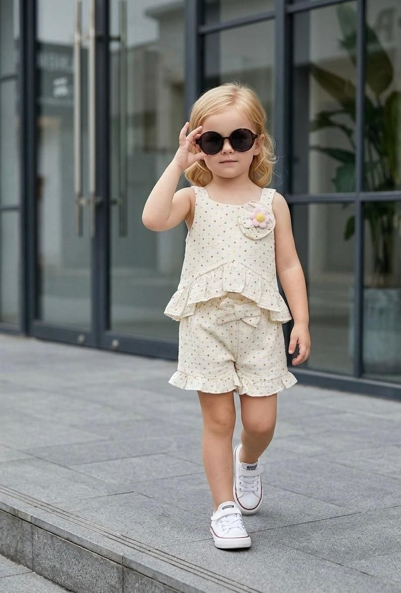 The Nile Luxuries girls' beige polka dot shorts set with ruffled trim and floral applique. Sleeveless top and matching shorts.