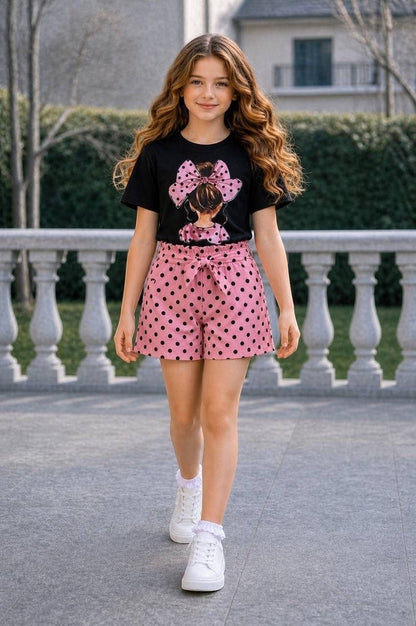 The Nile Luxuries girls pink polka dot shorts set with black graphic tee featuring a bow detail.