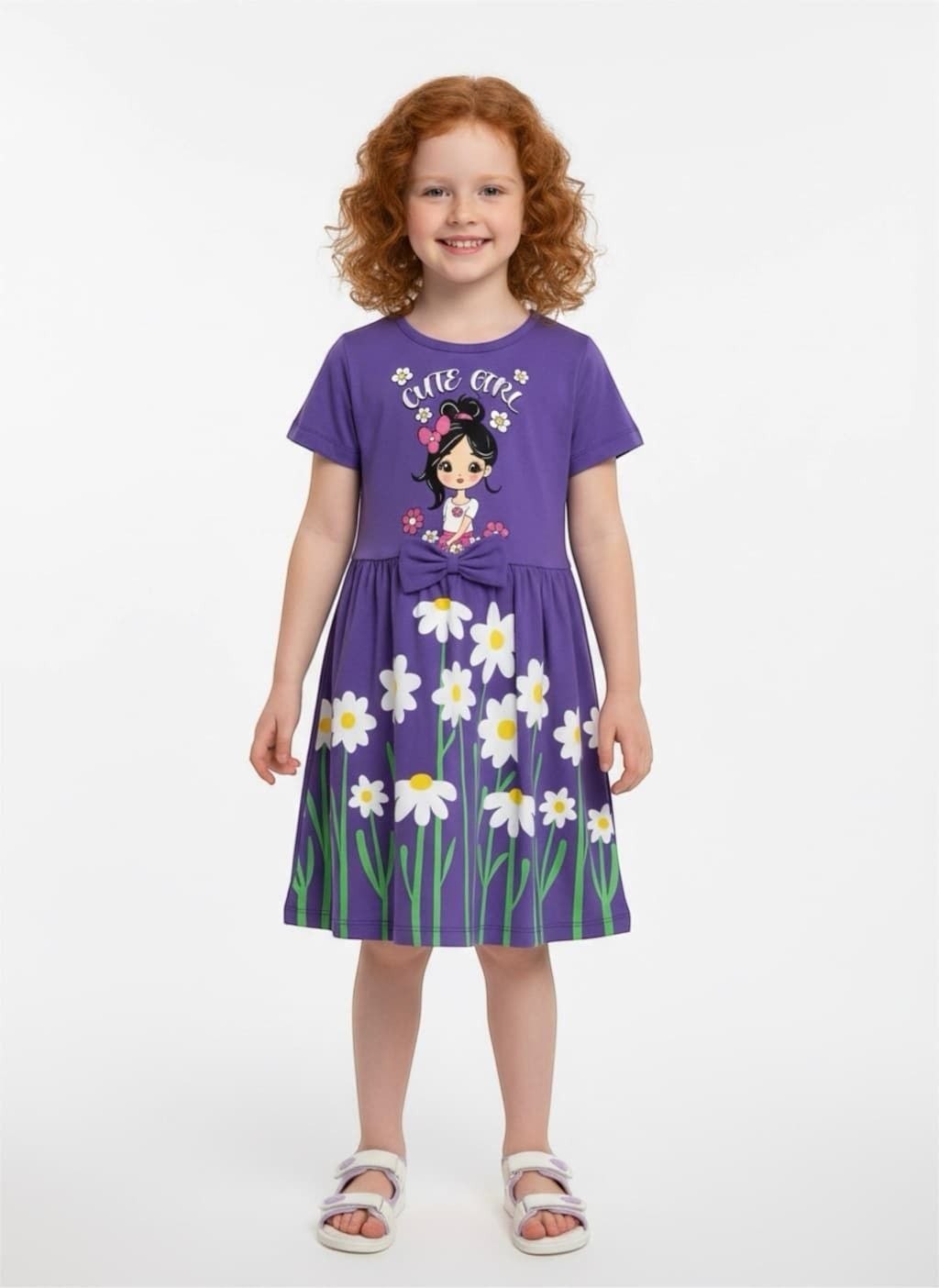 The Nile Luxuries purple girls' casual summer dress with daisy print, Cute Girl graphic, and waist bow on a young girl