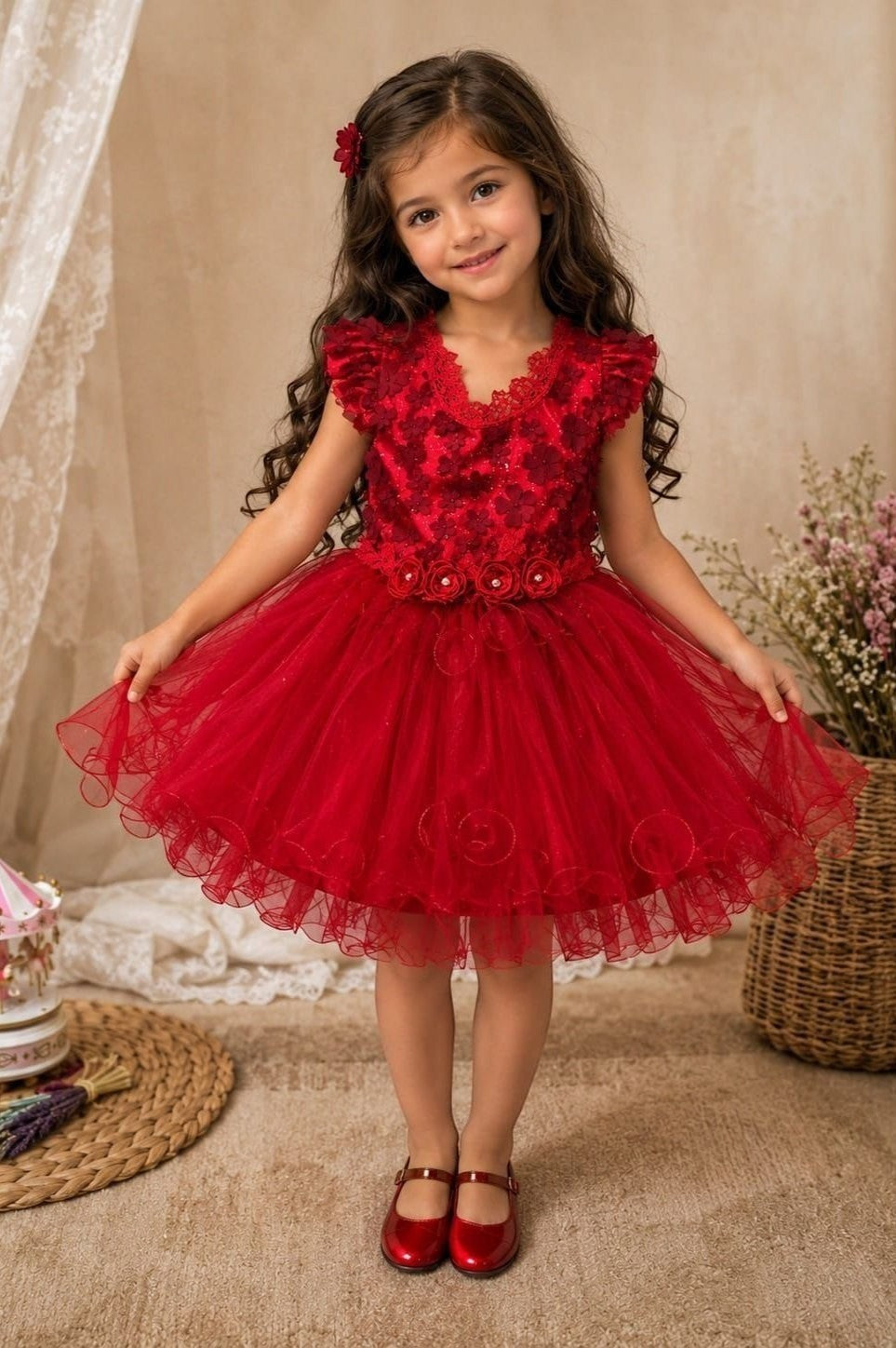 The Nile Luxuries Girls red lace and tulle special occasion dress with floral appliques and V-neckline.