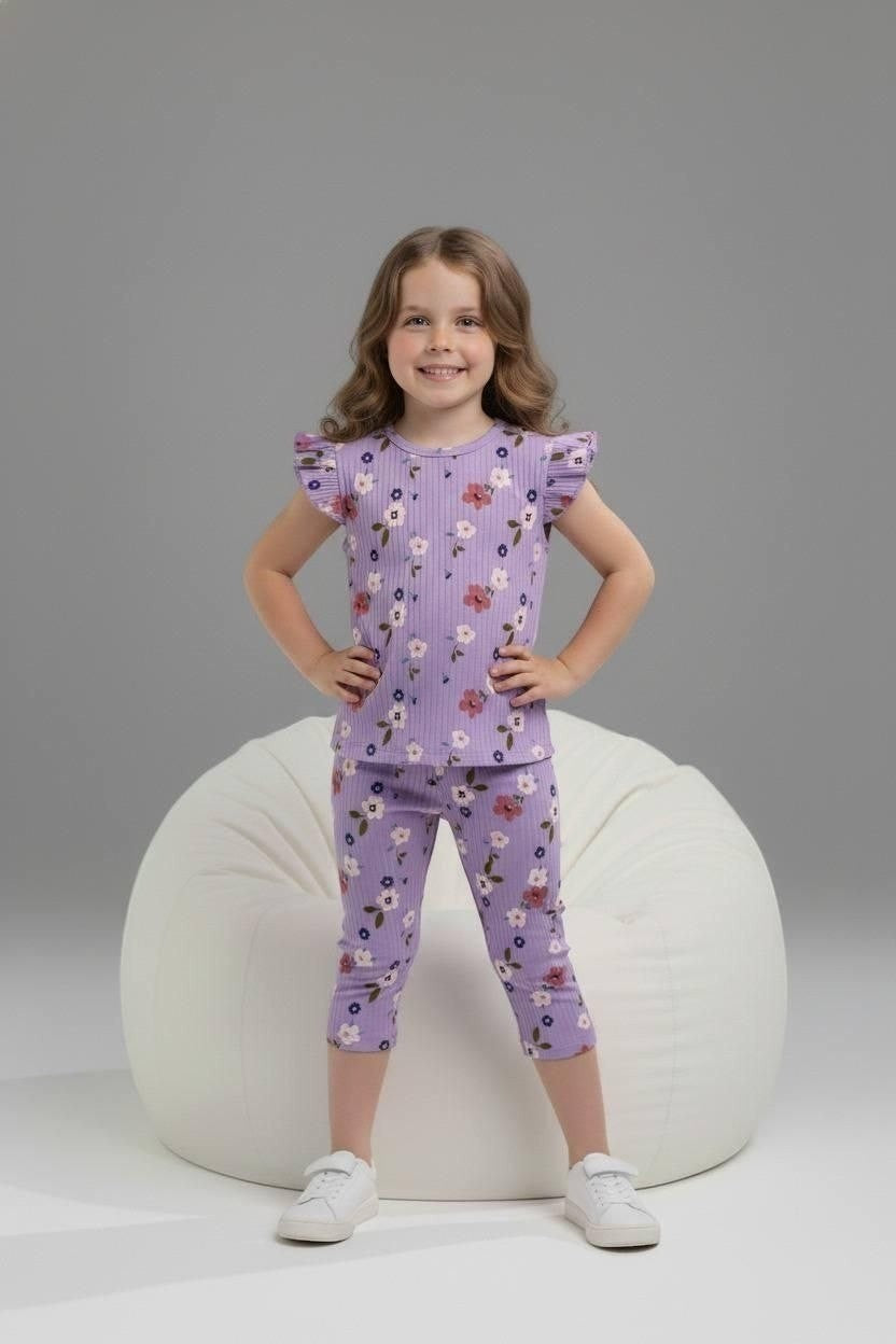 Girl wearing The Nile Luxuries purple ribbed floral lounge set with flutter sleeves and cropped leggings on beanbag