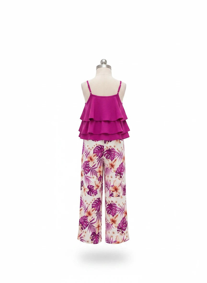 The Nile Luxuries girls tiered ruffle camisole top in fuchsia paired with wide-leg palazzo pants with a tropical print.