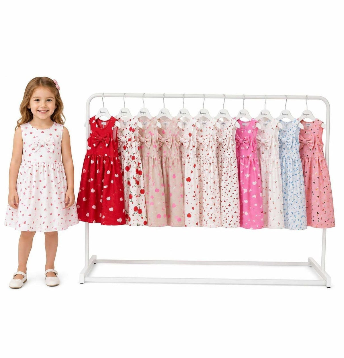 A young girl wearing a white heart-print A-line dress by The Nile Luxuries next to a rack of various patterned dresses.