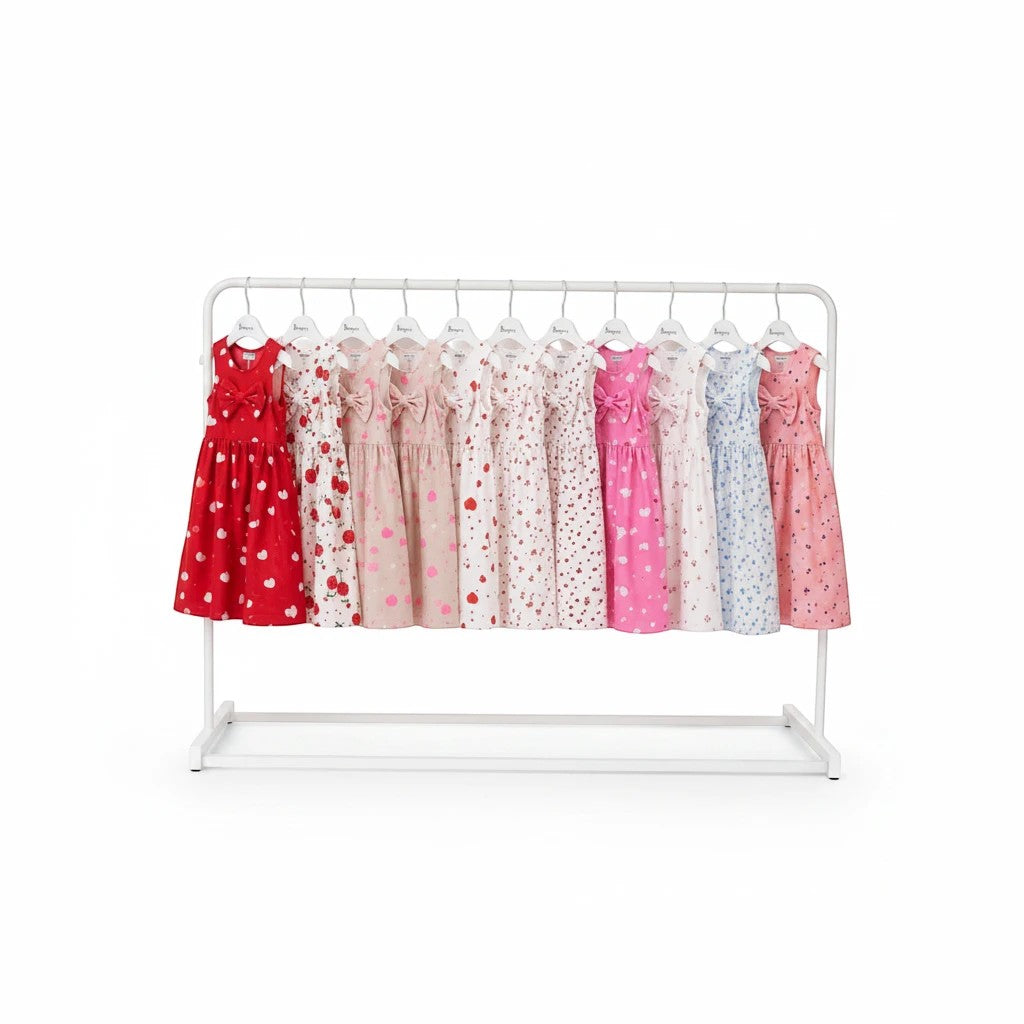 The Nile Luxuries sleeveless A-line dresses for girls in various colors and patterns with bow details on a clothing rack