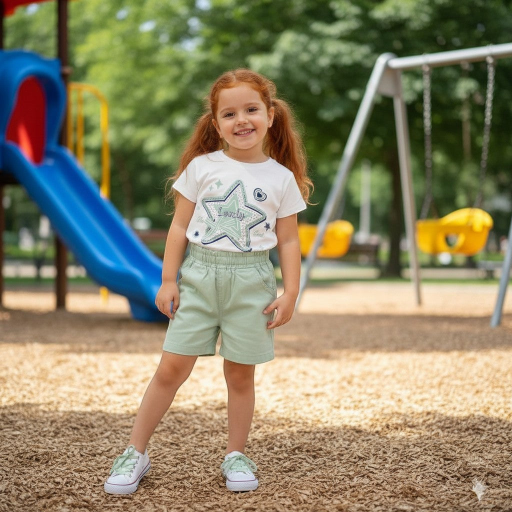 The Nile Luxuries girls white t-shirt with star graphic and light green shorts. Cotton blend.