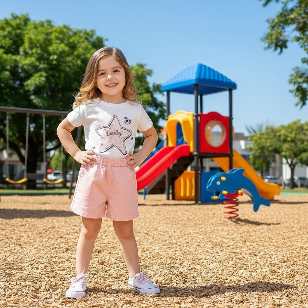 The Nile Luxuries Girls white t-shirt with star graphic and pink shorts set. Cotton blend.