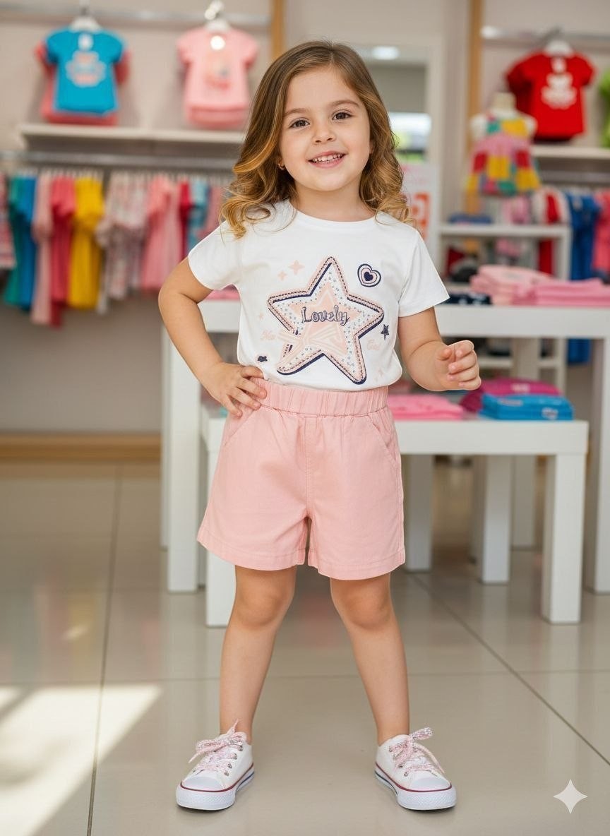 The Nile Luxuries girls white t-shirt with glittery star graphic and pink elastic waist shorts on a smiling child