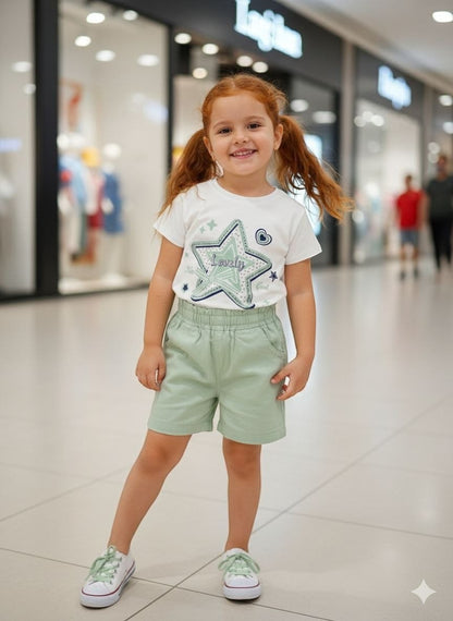 The Nile Luxuries girls white t-shirt with glittery star graphic and sage green elastic waist shorts in a mall