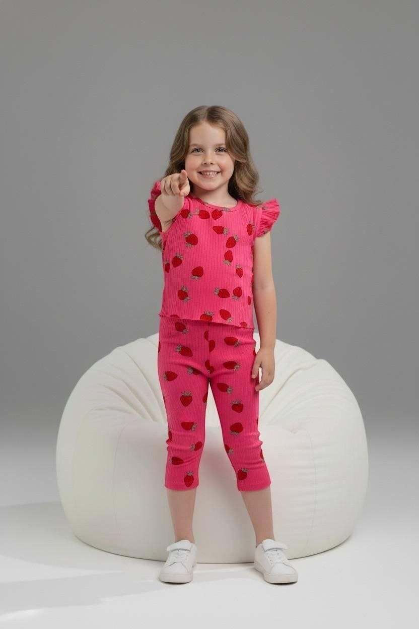 A girl wearing The Nile Luxuries pink ribbed strawberry-print lounge set with flutter sleeves and cropped leggings.