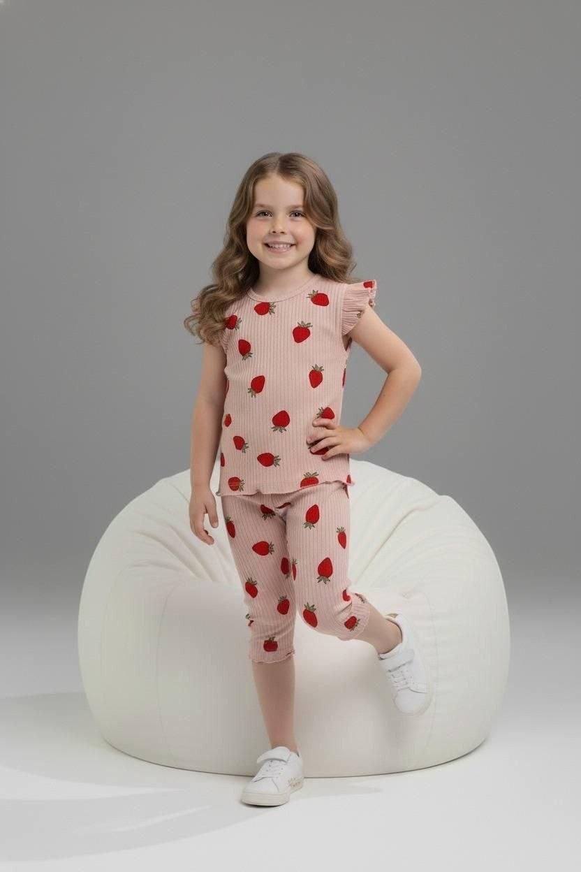 Young girl wearing The Nile Luxuries pink ribbed strawberry print lounge set with flutter sleeves and cropped leggings.