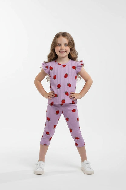 The Nile Luxuries girl's lavender ribbed lounge set with strawberry print, flutter sleeves, and cropped leggings.