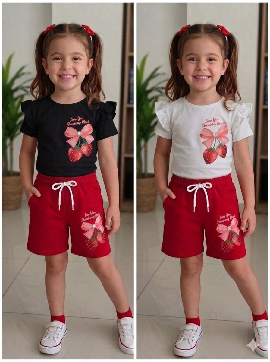 The Nile Luxuries girls strawberry print t-shirt and red shorts set with ruffled sleeves and drawstring waistband.