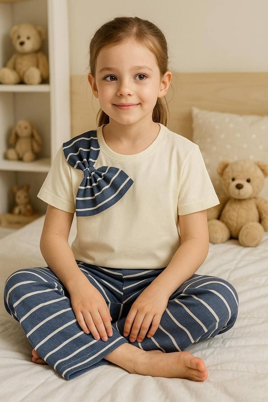 The Nile Luxuries girls pajama set with cream crew-neck top, blue striped bow detail, and matching striped wide-leg pants.