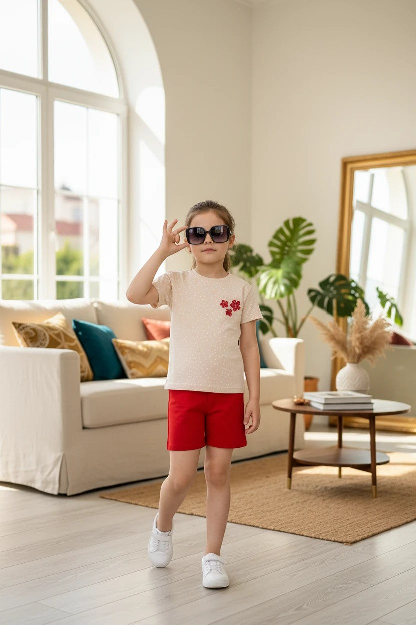 The Nile Luxuries girl's summer outfit with a beige polka dot t-shirt featuring floral appliqué and red shorts.
