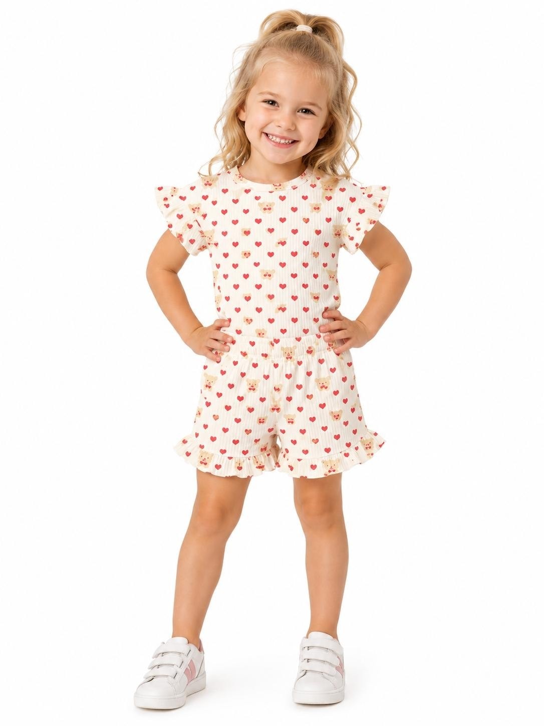 The Nile Luxuries girls' ivory ribbed knit set with ruffled sleeves and shorts, featuring a teddy bear and heart print.