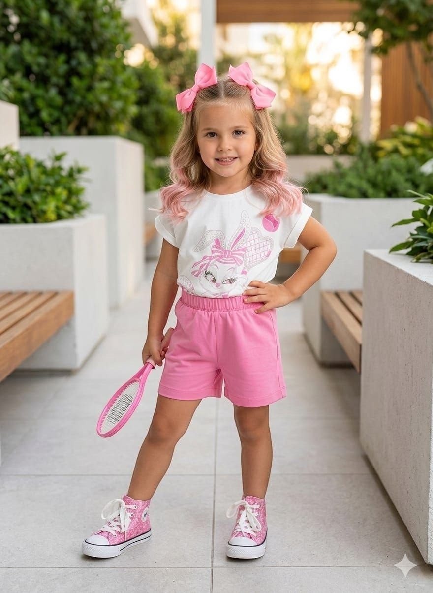 The Nile Luxuries girls tennis outfit featuring a white bunny graphic t-shirt and pink shorts with a matching hair bow.