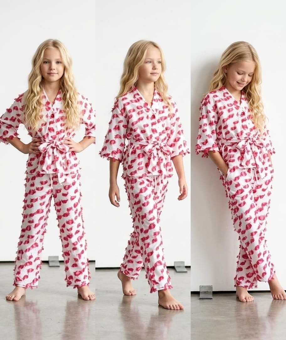The Nile Luxuries girls two-piece lounge set in white with pink textured dots, featuring a kimono top and tie waist.