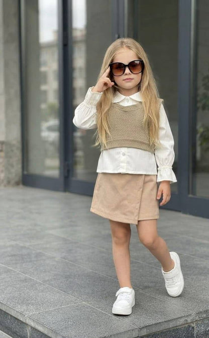 Young girl wearing The Nile Luxuries three-piece set with a white ruffled shirt, beige knit vest, and wrap skirt.