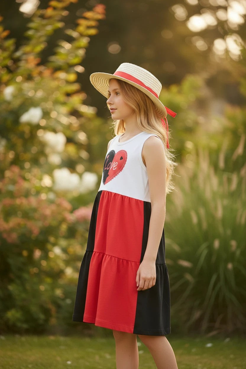The Nile Luxuries Girls tiered dress with heart graphic and matching hat. White bodice, red & black skirt.