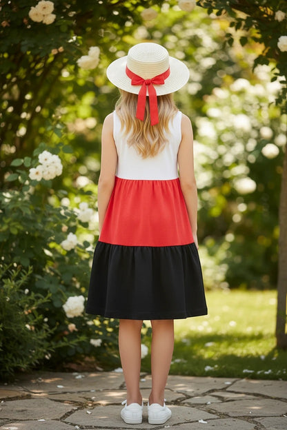 The Nile Luxuries Girls tiered dress white bodice red & black skirt, matching straw hat with red ribbon. Cotton.