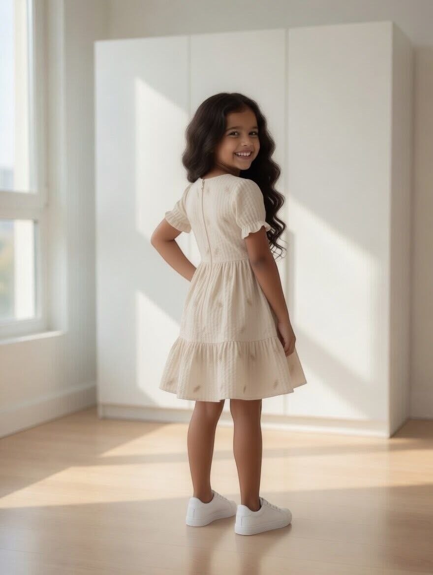 The Nile Luxuries cream tiered ruffle sleeve dress on a smiling girl with long wavy hair in a bright room.