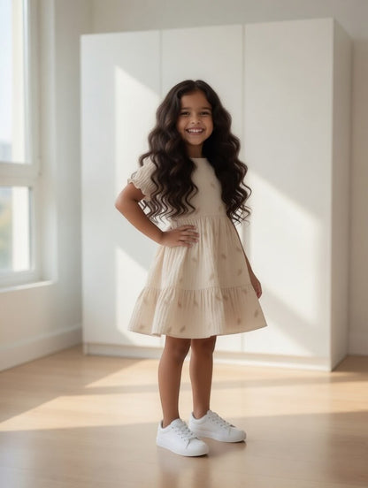 Girl wearing The Nile Luxuries cream tiered ruffle sleeve dress with subtle pattern and white sneakers.