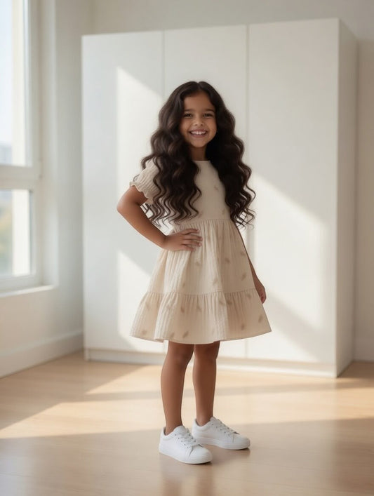 Girl wearing The Nile Luxuries cream tiered ruffle sleeve dress with subtle pattern and white sneakers.