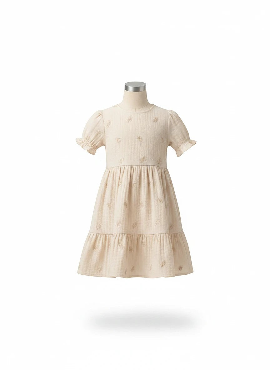 The Nile Luxuries cream tiered dress with ruffle sleeves and subtle textured pattern on a mannequin.