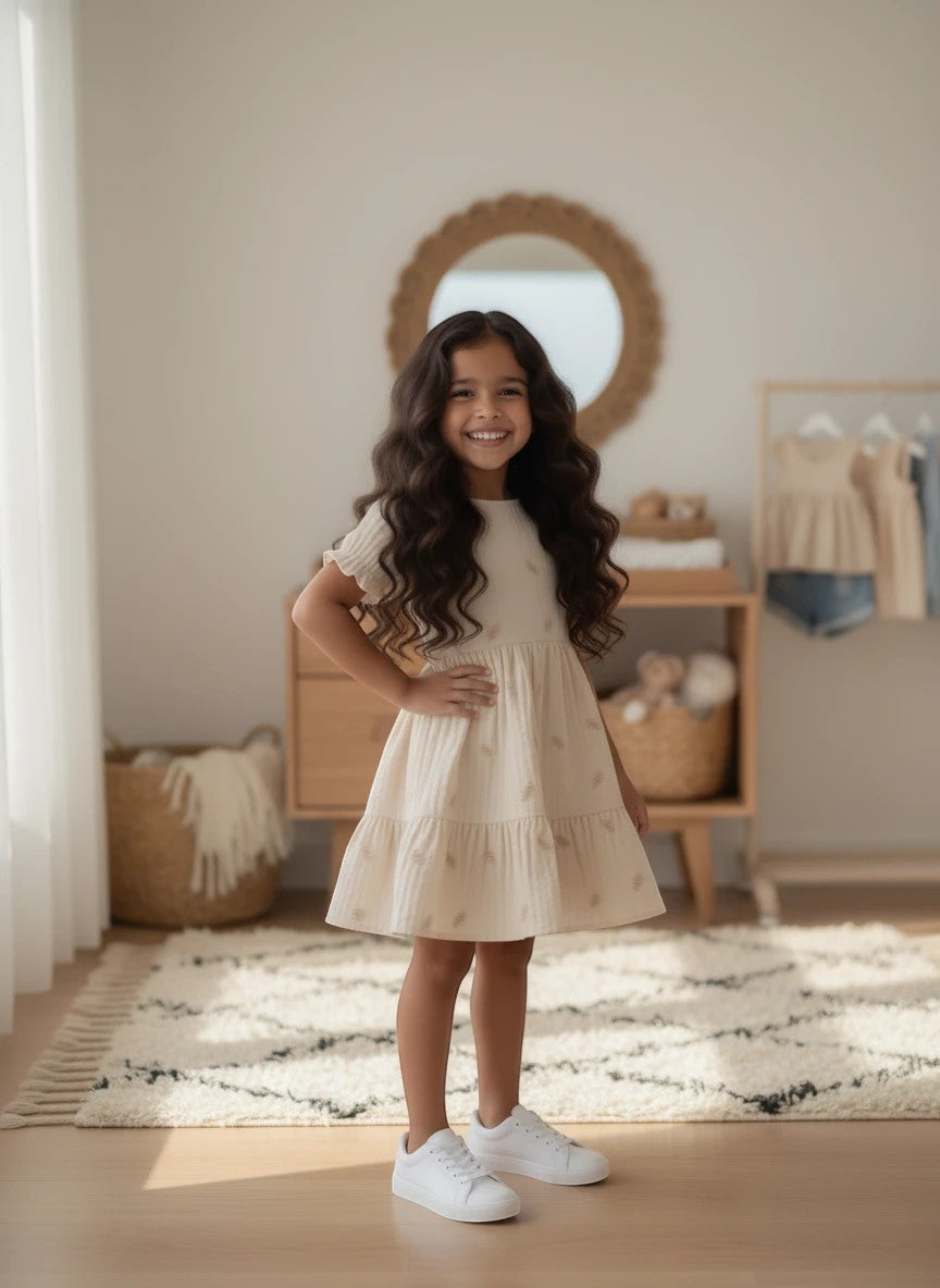 The Nile Luxuries cream tiered ruffle sleeve dress with subtle pattern worn by a smiling girl with white sneakers.