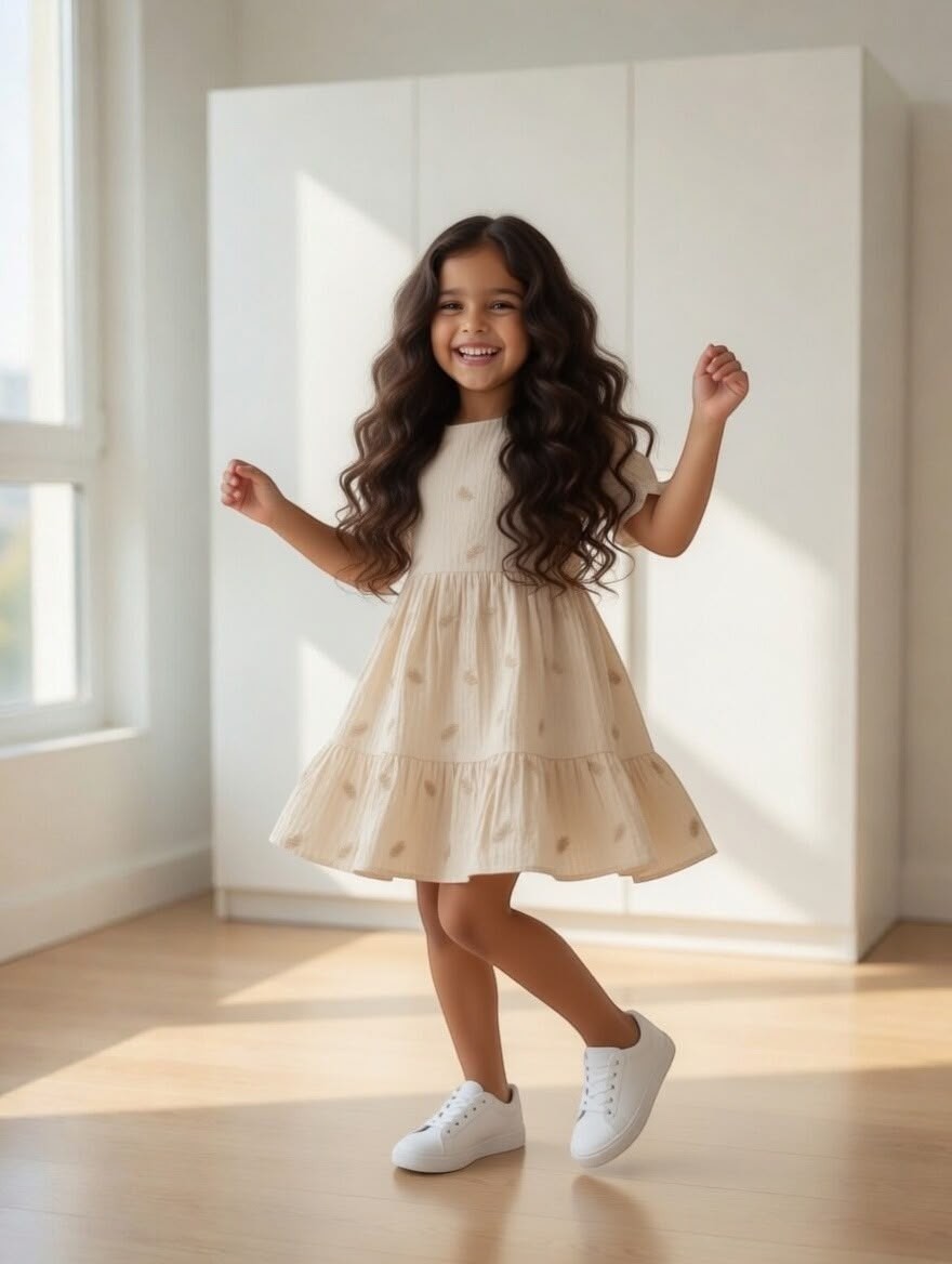 A smiling girl wears a cream The Nile Luxuries tiered ruffle sleeve dress with a subtle pattern and white sneakers.