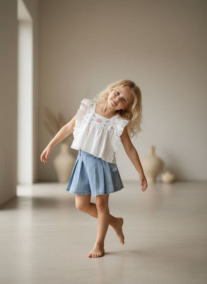 The Nile Luxuries girls' white top with ruffled sleeves and floral embroidery paired with light blue denim pleated shorts.