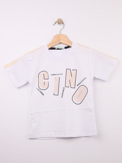 The Nile Luxuries white cotton t-shirt for kids with abstract graphic print and stylized lettering.