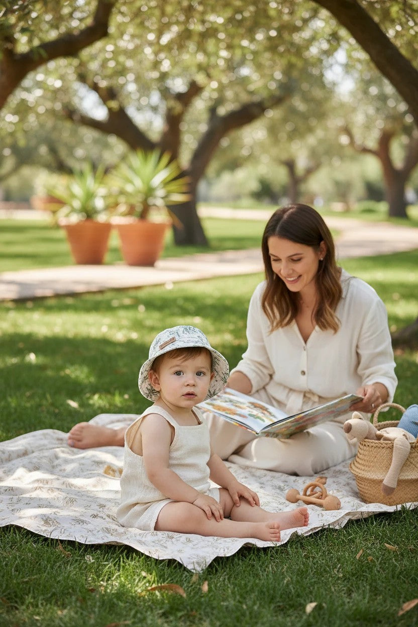 The Nile Luxuries baby romper and bucket hat set with palm print, worn by a toddler sitting on a picnic blanket.