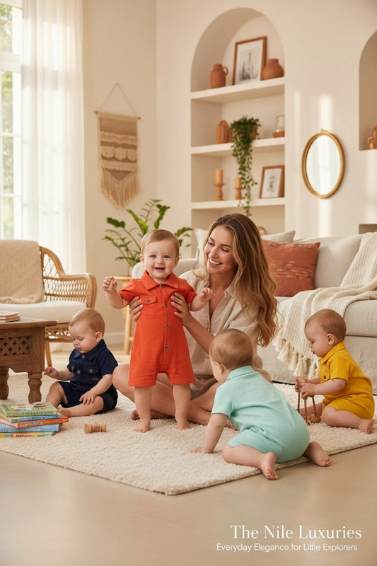 The Nile Luxuries infant short sleeve rompers in red, navy, mint, and yellow with button-down fronts and collars.
