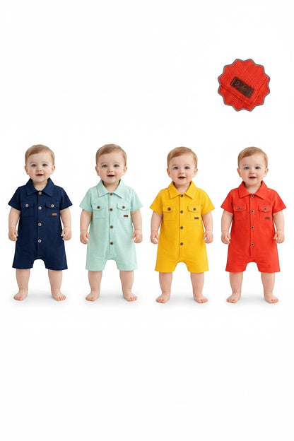 The Nile Luxuries infant short sleeve rompers in navy, mint, yellow, and red with button-down fronts and chest pockets.