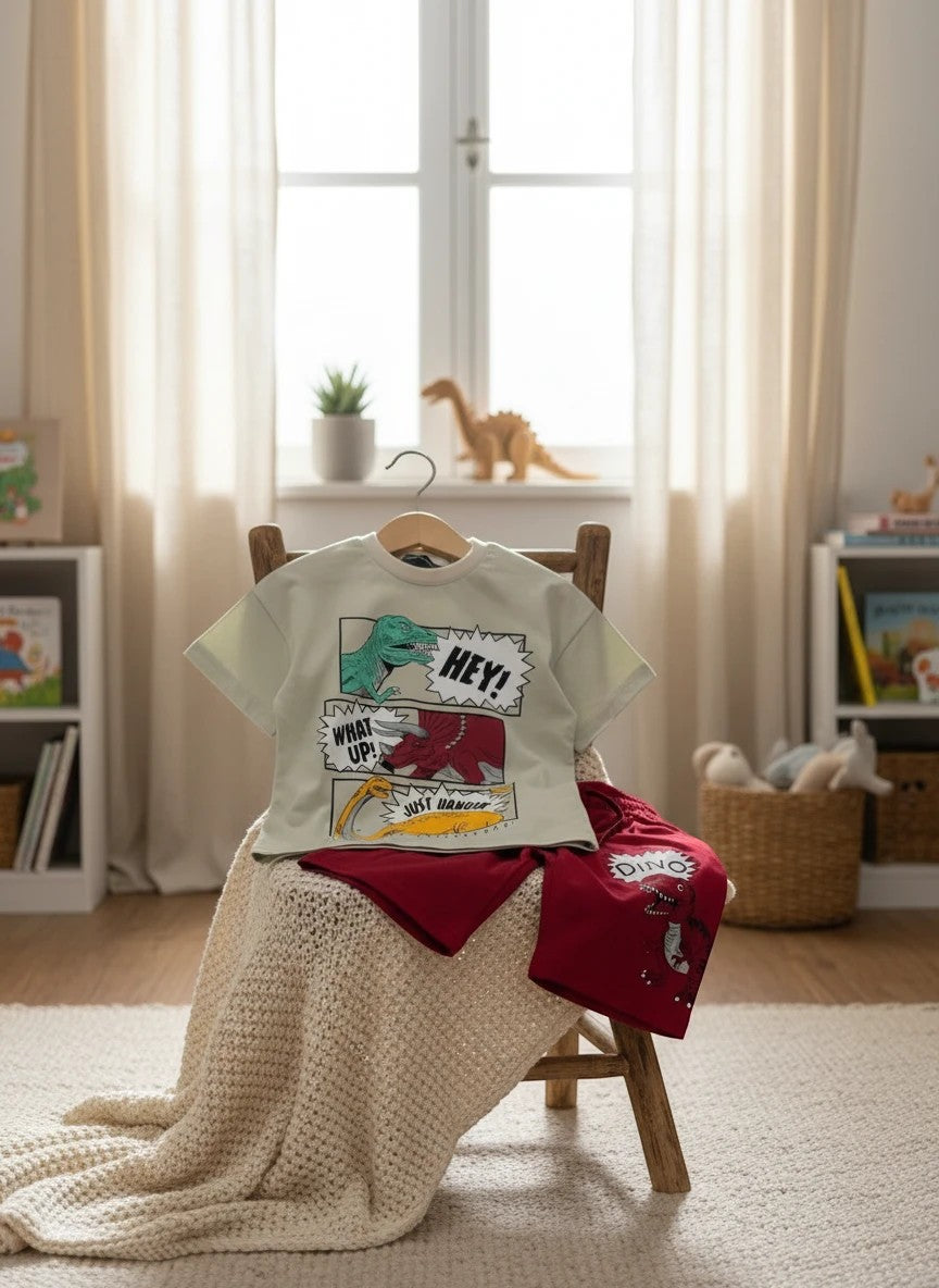 The Nile Luxuries kids light green t-shirt with dinosaur comic graphic and red shorts with dino print.