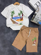 The Nile Luxuries kids summer set with white Hawaii graphic t-shirt and tan cargo shorts with drawstring waist.