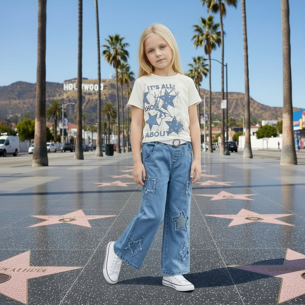 The Nile Luxuries Kids T-shirt and wide-leg jeans set. Cream t-shirt with blue star graphic and text. Blue denim jeans with star patches.