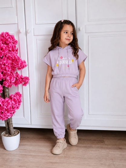 The Nile Luxuries girls lavender short sleeve hoodie and jogger set with floral graphic and elasticated waistband
