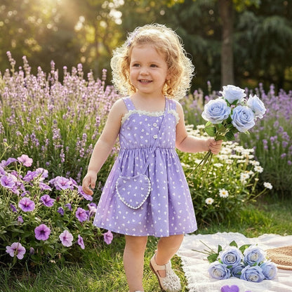 The Nile Luxuries lavender heart print sundress with lace trim and matching purse, worn by a young girl.