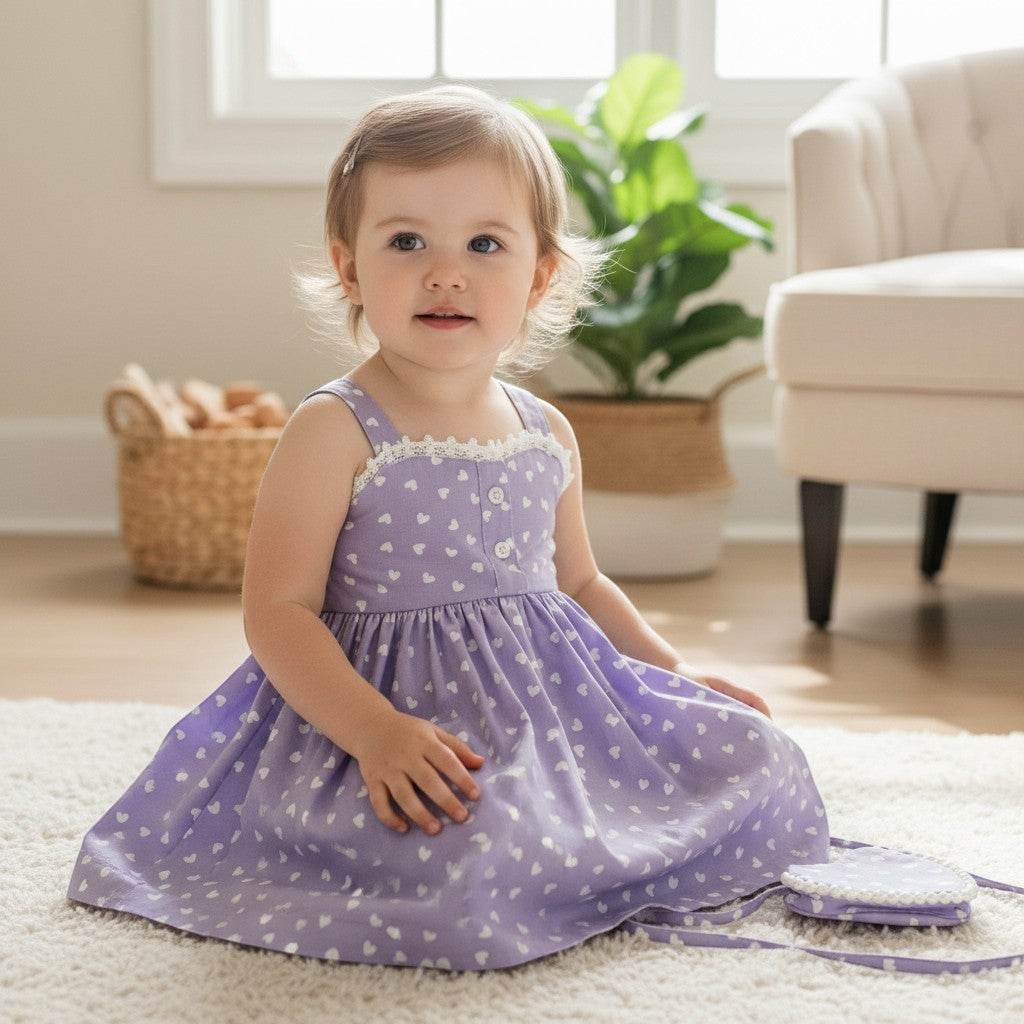 The Nile Luxuries lavender heart print sundress with lace trim and matching purse. Sleeveless with adjustable straps.