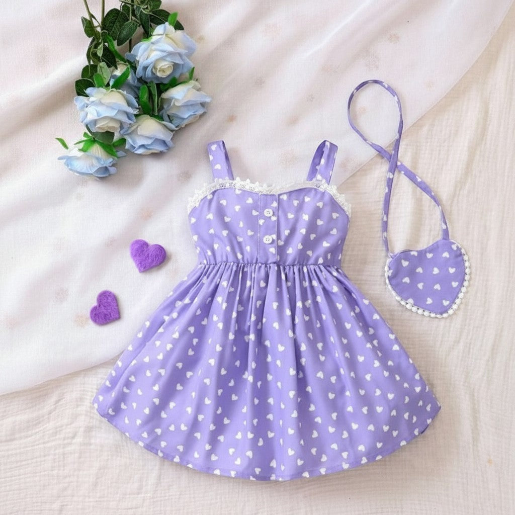 The Nile Luxuries lavender heart print sundress with lace trim, adjustable straps, and matching purse. Sleeveless, empire waist, A-line skirt.