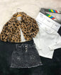 The Nile Luxuries three-piece children's outfit with a leopard faux-fur jacket, white ribbed top, and denim skirt.