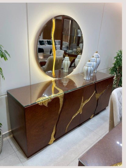 The Nile Luxuries dark wood buffet with gold inlay and LED mirror. Modern dining furniture.
