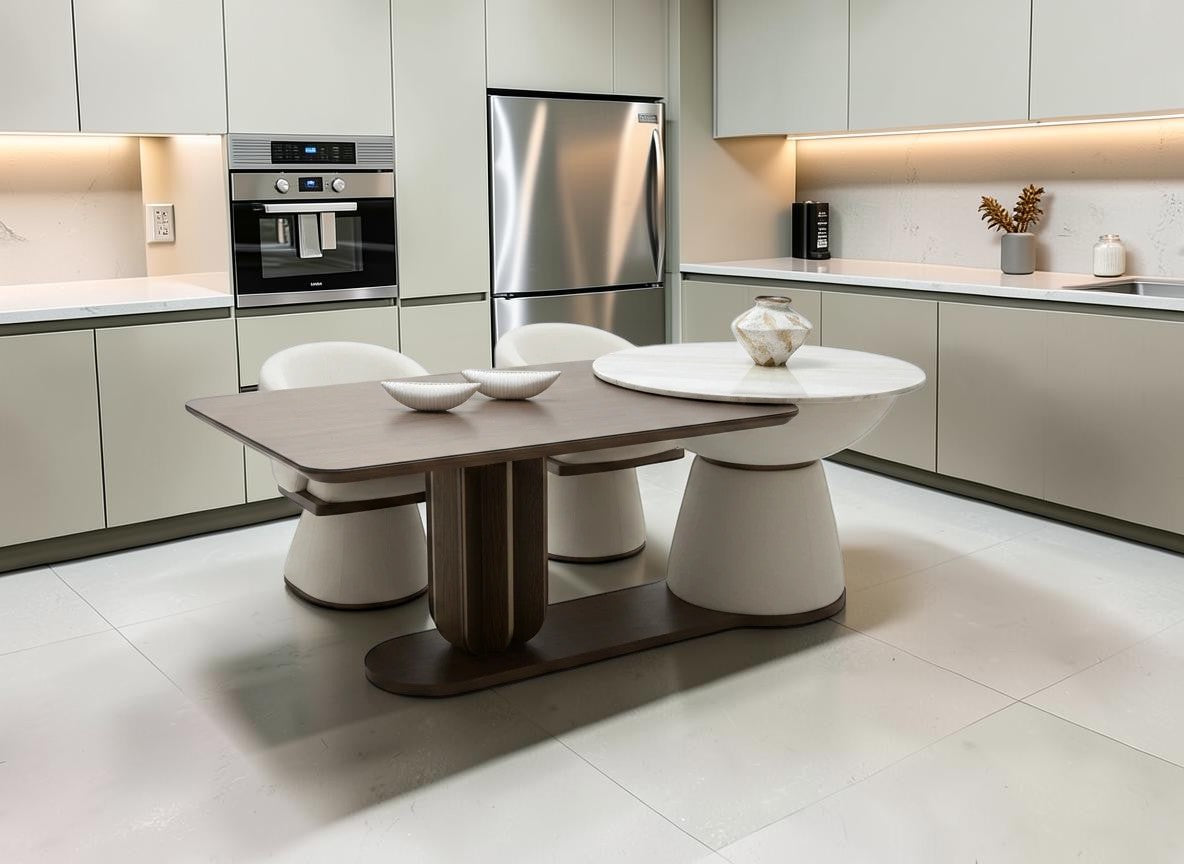 The Nile Luxuries modern dining set with dark wood table, marble top table, and cream upholstered chairs.